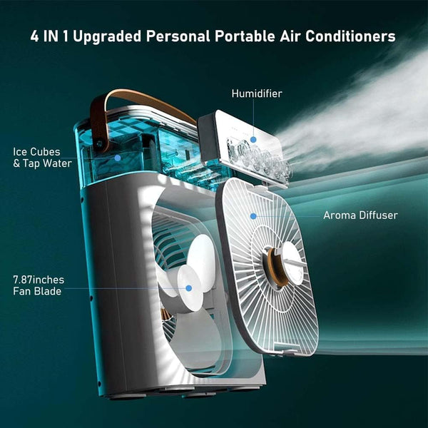 Portable Air Conditioner Fan with Humidifier, 700ml Mini Evaporative Cooler,USB Personal Conditioner with 7 LED Light，AC Cooling Fan for car Home Office Room 3 Speed